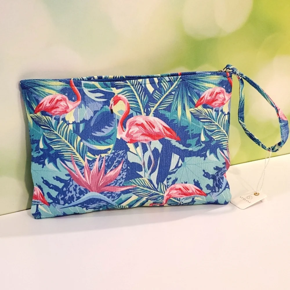 Tropical flamingo themed pouch make up bag clutch beach accessory Travel